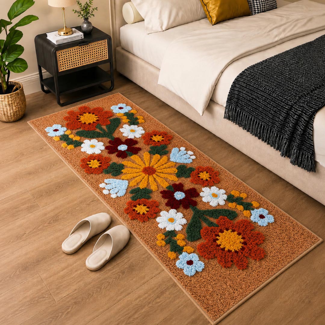 Tan Daisy Beige Runner Mat - Roseate