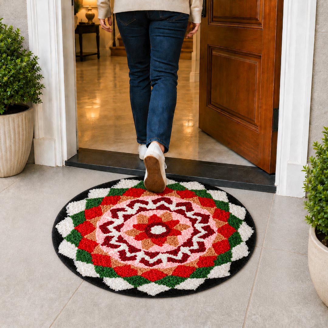 Rangoli Chevron Bloom Door and Bathroom Mat - Roseate
