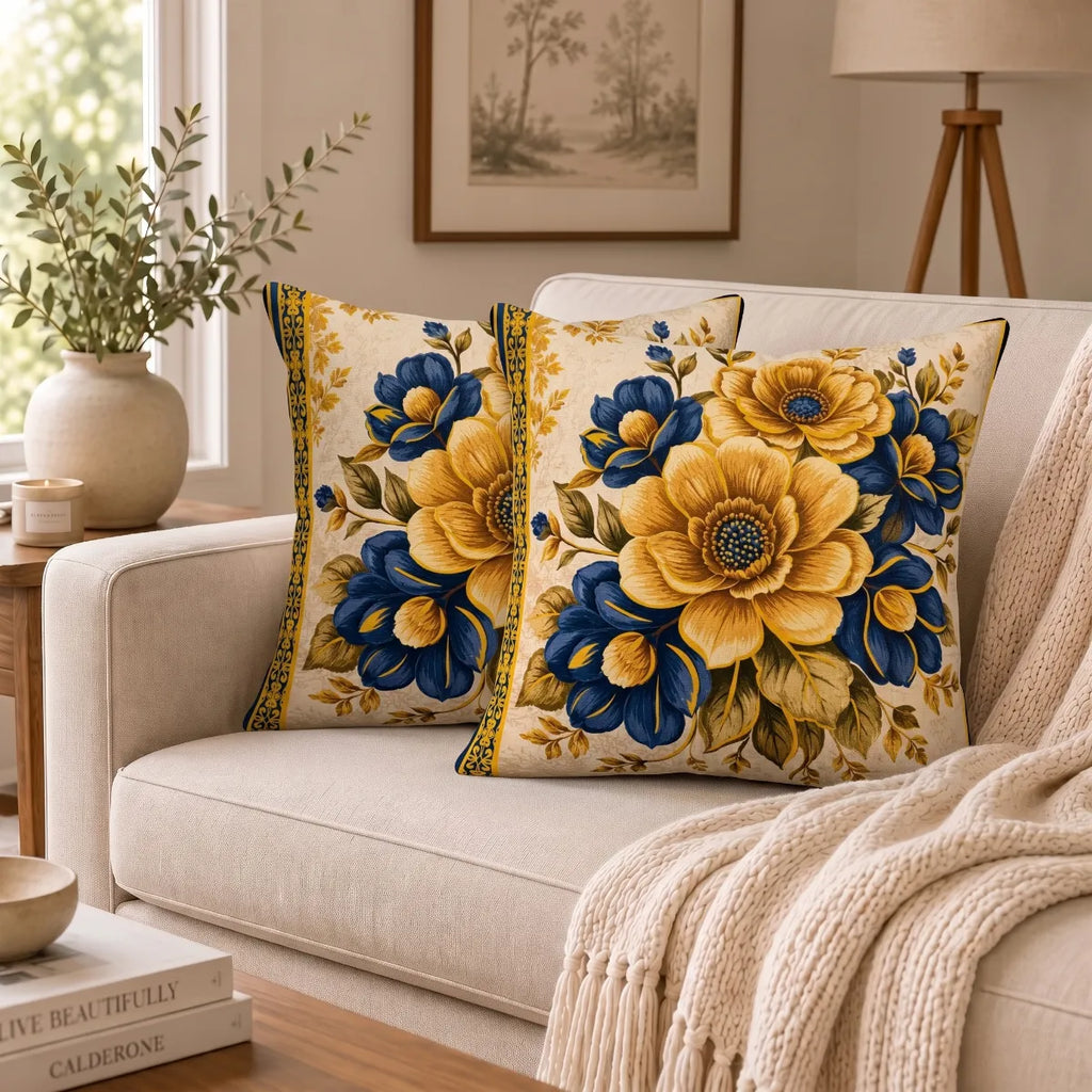 Golden Bloom Cushion Cover | Hummingbird