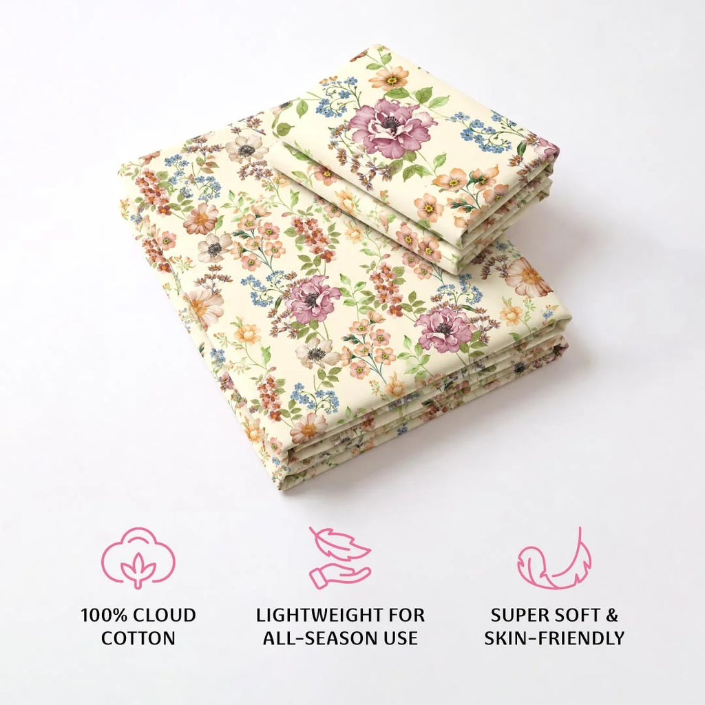 Flora Double Bedsheet, 100% Cloud Cotton, 240 TC, 2 Pillow Covers